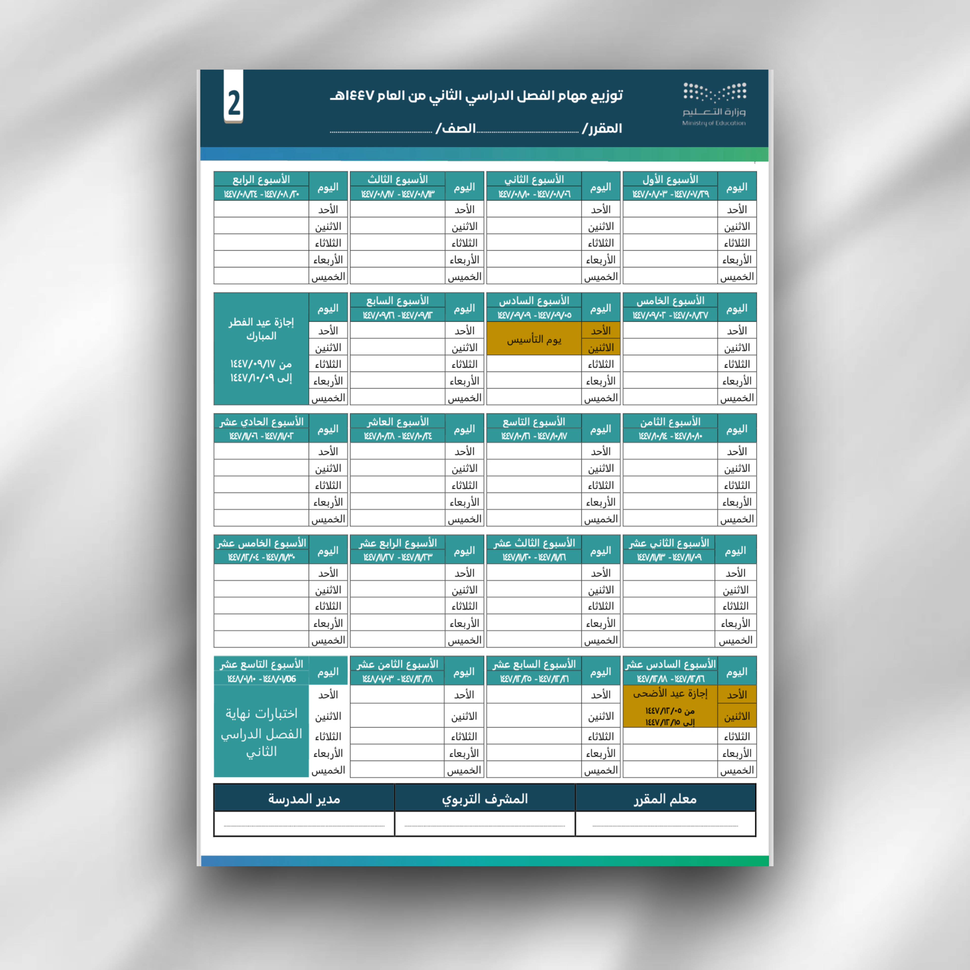 قالب توزيع منهج للفصل الدراسي الثاني
